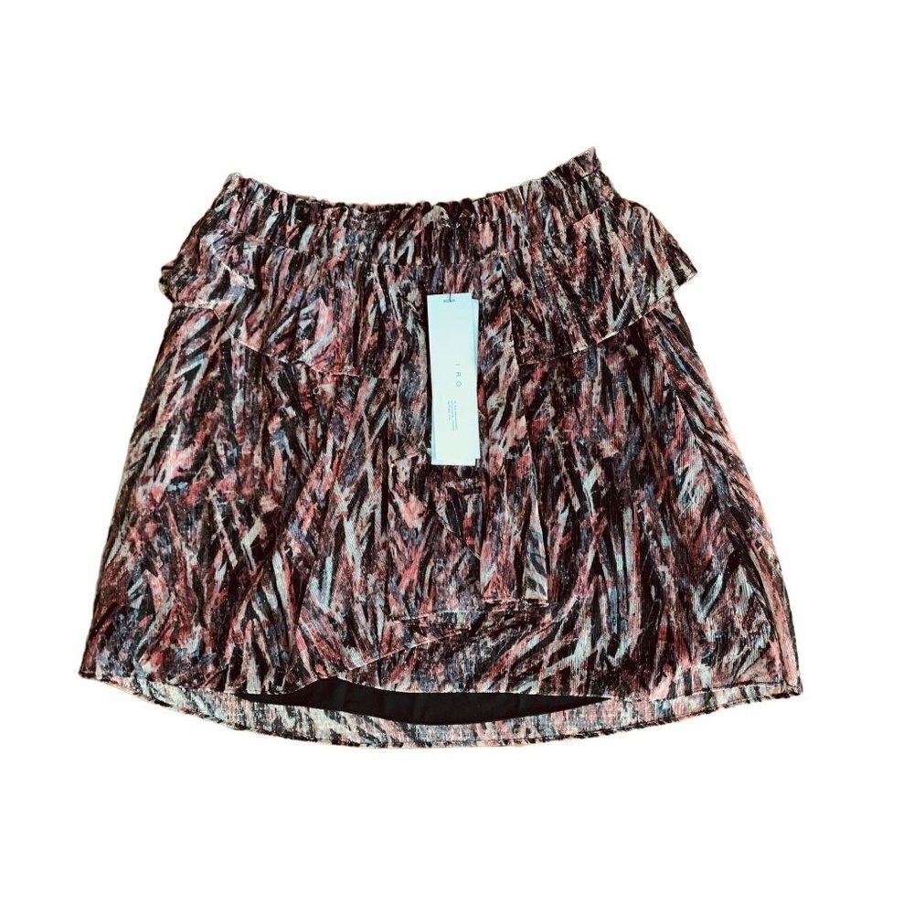 NWT IRO Paris Asymmetrical Ruffle Mini Skirt in Black Fusha Gold Sparkles Sz 40
